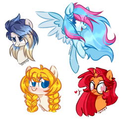 Size: 888x864 | Tagged: safe, artist:petruse4ka, derpibooru import, oc, oc only, earth pony, pegasus, pony, unicorn, braid, earth pony oc, eye clipping through hair, glasses, heart, horn, pegasus oc, simple background, smiling, transparent background, two toned wings, unicorn oc, wings