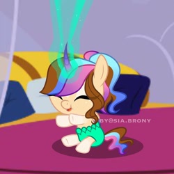 Size: 1000x1000 | Tagged: safe, artist:sia.brony, derpibooru import, oc, oc only, oc:sia, alicorn, pony, unicorn, baby, baby pony, eyes closed, female, filly, glowing horn, horn, indoors, pillow, sitting, smiling, solo, unicorn oc