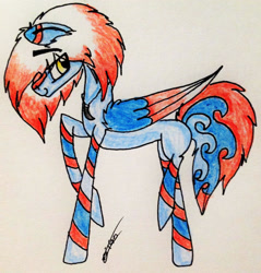 Size: 1617x1693 | Tagged: safe, artist:beamybutt, derpibooru import, oc, oc only, pegasus, pony, pegasus oc, raised hoof, raised leg, signature, smiling, solo, traditional art, two toned wings, wings