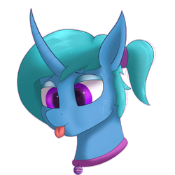 Size: 2000x2000 | Tagged: safe, artist:lightnys, derpibooru import, oc, oc only, oc:lightning star, pony, unicorn, :p, bust, collar, colored pupils, curved horn, eyeshadow, heart eyes, high res, horn, makeup, male, ponytail, portrait, simple background, smiling, solo, tongue, tongue out, transparent background, wingding eyes