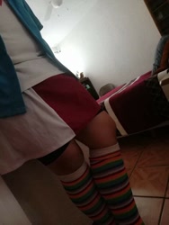 Size: 648x864 | Tagged: safe, derpibooru import, photographer:mr.sparkle, rainbow dash, human, equestria girls, bike shorts, clothes, cosplay, costume, crossdressing, crossplay, irl, irl human, legs, photo, rainbow socks, skirt, socks, solo, standing, striped socks