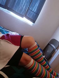 Size: 648x864 | Tagged: safe, derpibooru import, photographer:mr.sparkle, rainbow dash, human, equestria girls, bike shorts, clothes, cosplay, costume, crossdressing, crossplay, irl, irl human, legs, long socks, photo, rainbow socks, skirt, socks, solo, striped socks