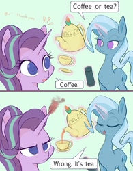 Size: 1600x2048 | Tagged: safe, artist:noupu, derpibooru import, starlight glimmer, trixie, pony, unicorn, anger magic, eyes closed, food, glowing horn, horn, magic, open mouth, speech bubble, starlight is not amused, tea, teacup, telekinesis, that pony sure does love teacups, trolling, unamused