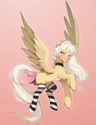 Size: 1600x2074 | Tagged: safe, artist:emily-826, derpibooru import, oc, oc:linh, pegasus, pony, bow, clothes, female, mare, socks, solo, striped socks, tail bow, two toned wings, wings