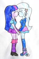 Size: 1616x2422 | Tagged: safe, artist:fude-chan-art, derpibooru import, trixie, twilight sparkle, equestria girls, female, kissing, lesbian, shipping, twixie