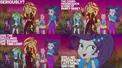 Size: 1280x720 | Tagged: safe, derpibooru import, edit, edited screencap, editor:quoterific, screencap, applejack, fluttershy, pinkie pie, rainbow dash, rarity, sci-twi, sunset shimmer, twilight sparkle, better together, equestria girls, sunset's backstage pass!, clothes, crossed arms, cutie mark, cutie mark on clothes, female, geode of empathy, geode of shielding, geode of sugar bombs, geode of super speed, geode of super strength, geode of telekinesis, glasses, hairpin, humane five, humane seven, humane six, magical geodes, music festival outfit, open mouth, ponytail, sunset