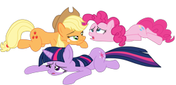 Size: 3594x1734 | Tagged: safe, artist:gmaplay, derpibooru import, applejack, pinkie pie, twilight sparkle, unicorn twilight, earth pony, pony, unicorn, applejack's hat, butt, clothes, cowboy hat, female, frown, hat, high res, lying down, mare, open mouth, plot, prone, simple background, transparent background, trio, trio female, vector