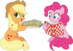 Size: 2753x1924 | Tagged: safe, artist:thatusualguy06, derpibooru import, applejack, pinkie pie, earth pony, pony, applebuck season, season 1, atg 2021, baked bads, book, cookbook, derp, drunk, duo, duo female, female, food, frown, go home you're drunk, high res, imminent food poisoning, mare, muffin, muffin tray, newbie artist training grounds, open mouth, open smile, shocked, simple background, sitting, smiling, transparent background, vector