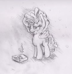 Size: 1200x1238 | Tagged: safe, artist:nedemai, derpibooru import, cozy glow, pegasus, pony, atg 2021, book, female, filly, newbie artist training grounds, pencil drawing, smiling, smirk, solo, traditional art