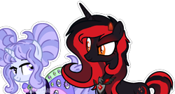 Size: 1340x724 | Tagged: safe, artist:maiii-san, derpibooru import, oc, oc only, pony, unicorn, alicorn amulet, base used, duo, duo female, eyelashes, female, horn, looking at each other, red and black oc, simple background, smiling, smiling at each other, smirk, transparent background, unicorn oc