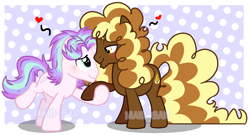 Size: 2260x1223 | Tagged: safe, artist:maiii-san, derpibooru import, oc, oc only, earth pony, pony, unicorn, base used, blushing, earth pony oc, gay, heart, holding hooves, horn, looking at each other, magical lesbian spawn, male, oc x oc, offspring, parent:cheese sandwich, parent:pinkie pie, parent:starlight glimmer, parent:trixie, parents:cheesepie, parents:startrix, polka dot background, raised hoof, raised leg, shipping, smiling, smiling at each other, stallion, unicorn oc