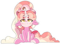 Size: 2064x1536 | Tagged: safe, artist:maiii-san, derpibooru import, oc, oc only, oc:cherry bloom, pony, unicorn, ears, eye clipping through hair, female, floppy ears, horn, looking at you, mare, signature, simple background, sitting, smiling, smiling at you, solo, transparent background, unicorn oc
