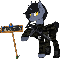 Size: 2508x2439 | Tagged: safe, artist:syntiset, ponybooru exclusive, oc, oc only, oc:syntiset, pony, unicorn, ponybooru collab 2021, an/peq-15, ankle boots, assault rifle, belt, boots, camouflage, clothes, eotech, escape from tarkov, eye clipping through hair, gun, holographic sight, horn, looking at each other, m4a1, magpul, male, military, military uniform, pants, patch, pony oc, red dot, rifle, shoes, simple background, solo, transparent background, unicorn oc, uniform, weapon