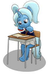 Size: 1356x2036 | Tagged: safe, artist:xppp1n, trixie, pony, unicorn, alternate hairstyle, babysitter trixie, book, female, looking down, mare, pencil, pensive, pigtails, school uniform, sitting, solo, underhoof