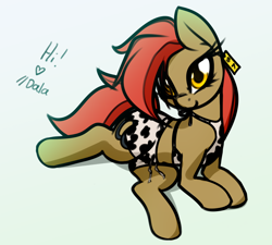 Size: 2392x2154 | Tagged: safe, artist:jetwave, derpibooru import, oc, oc only, oc:dala vault, earth pony, pony, booty shorts, clothes, cowprint, ear tag, earth pony oc, female, gradient background, heart, lying down, mare, pajamas, shorts, solo, text