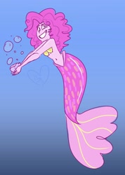 Size: 2507x3529 | Tagged: safe, artist:carconutty, derpibooru import, pinkie pie, human, mermaid, bra, bubble, female, grin, humanized, mermaid tail, mermaidized, seashell, seashell bra, smiling, solo, species swap, underwater, underwear, water