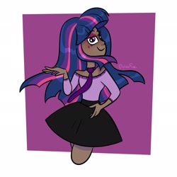 Size: 2048x2048 | Tagged: safe, artist:carconutty, derpibooru import, twilight sparkle, human, bedroom eyes, clothes, dark skin, eyeshadow, female, humanized, makeup, necktie, shirt, skirt, solo