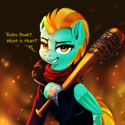 Size: 2000x2000 | Tagged: safe, artist:darksly, derpibooru import, lightning dust, pegasus, pony, bandage, baseball bat, clothes, cosplay, costume, crossover, female, grin, high res, jacket, leather jacket, looking at you, lucille, mare, negan, newbie artist training grounds, scarf, smiling, smiling at you, solo, talking, the walking dead