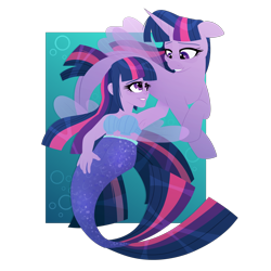 Size: 3000x3000 | Tagged: safe, artist:skulljooce, derpibooru import, sci-twi, twilight sparkle, twilight sparkle (alicorn), alicorn, mermaid, pony, seapony (g4), equestria girls, blue background, bra, bubble, clothes, eyelashes, female, fin wings, fish tail, flowing mane, flowing tail, horn, looking at each other, mermaid lovers, mermaid sci-twi, mermaidized, purple eyes, seaponified, seapony twilight, seashell bra, see-through, self ponidox, shipping, simple background, smiling, species swap, swimming, tail, underwater, underwear, water, wings