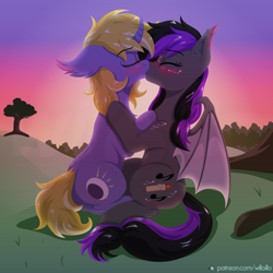 Size: 1600x1600 | Tagged: safe, artist:willoillo, derpibooru import, oc, oc only, oc:candlelight sonata, oc:willowisp, bat pony, pony, unicorn, bat pony oc, blushing, blushing profusely, ear blush, female, forest, horn, kissing, lesbian, oc x oc, romantic, shipping, sunset, unicorn oc