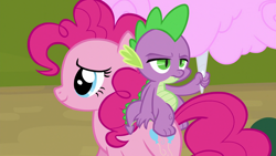 Size: 1920x1080 | Tagged: safe, derpibooru import, screencap, pinkie pie, spike, dragon, earth pony, pony, newbie dash, season 6, cotton candy, dragons riding ponies, duo, female, frown, male, mare, riding, smiling, spike is not amused, unamused