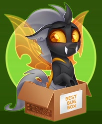 Size: 837x1022 | Tagged: safe, artist:sickly-sour, derpibooru import, oc, oc only, changeling, blushing, cardboard box, changeling in a box, changeling oc, commission, orange changeling, smiling, solo