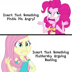 Size: 1300x1300 | Tagged: safe, derpibooru import, fluttershy, pinkie pie, a little birdie told me, equestria girls, equestria girls series, forgotten friendship, angry, chalk, clothes, engrish, fluttershy is not amused, geode of fauna, geode of sugar bombs, implied applejack, implied rainbow dash, magical geodes, swimsuit, template, unamused, vector