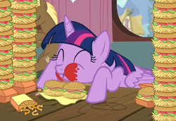 Size: 764x526 | Tagged: safe, derpibooru import, edit, screencap, coco crusoe, twilight sparkle, twilight sparkle (alicorn), alicorn, pony, season 4, twilight time, ^^, animated, burger, cute, duo, eating, eyes closed, female, food, hay burger, herbivore, ketchup, loop, majestic as fuck, male, mare, messy, messy eating, onion horseshoes, puffy cheeks, sauce, solo focus, stallion, that pony sure does love burgers, twiabetes, twilight burgkle, twilight slobble
