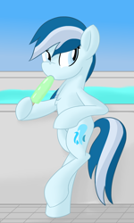 Size: 1500x2500 | Tagged: safe, artist:notadeliciouspotato, derpibooru import, oc, oc only, oc:serene dive, earth pony, pony, bipedal, female, food, mare, popsicle, solo, swimming pool