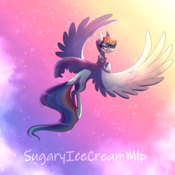 Size: 1280x1280 | Tagged: safe, artist:sugaryicecreammlp, derpibooru import, rainbow dash, pony, clothes, flying, scarf, solo, spread wings, wings