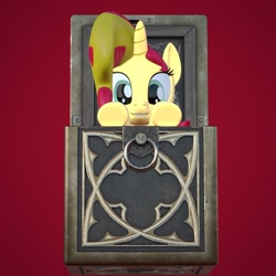 Size: 4000x4000 | Tagged: safe, artist:wissle, derpibooru import, sunset shimmer, pony, unicorn, 3d, absurd resolution, atg 2021, blender, box, cube, diablo 2, female, horadric cube, mare, newbie artist training grounds, pony in a box, simple background, solo