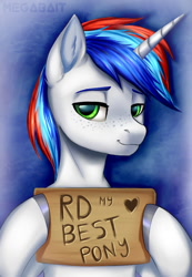 Size: 826x1195 | Tagged: safe, artist:megabait, derpibooru import, oc, pony, unicorn, freckles, green eyes, looking at you, sign