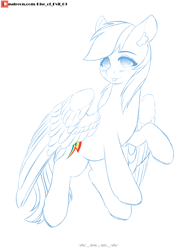Size: 2600x3500 | Tagged: safe, artist:rise_of_evil_69, derpibooru import, rainbow dash, pegasus, pony, :p, blushing, cute, dashabetes, ear fluff, ears, female, flying, looking at you, partial color, simple background, sketch, smiling, smiling at you, solo, spread wings, tongue, tongue out, white background, wings