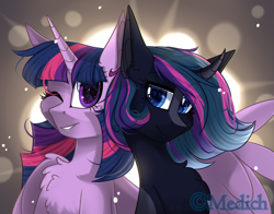 Size: 1964x1537 | Tagged: safe, artist:mediasmile666, derpibooru import, twilight sparkle, twilight sparkle (alicorn), oc, alicorn, pony, unicorn, abstract background, bust, chest fluff, commission, curved horn, duo, ear fluff, ears, eye clipping through hair, female, horn, hug, lidded eyes, looking at you, mare, one eye closed, raised eyebrow, sidemouth, smiling, sparkles, starry eyes, wingding eyes, winghug, wink