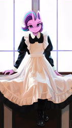 Size: 1600x2814 | Tagged: safe, artist:mrscroup, derpibooru import, starlight glimmer, anthro, plantigrade anthro, unicorn, clothes, cute, female, french maid, glimmerbetes, looking at you, maid, mare, shoes, sitting, window