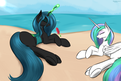 Size: 2000x1333 | Tagged: safe, artist:renarde-louve, derpibooru import, princess celestia, queen chrysalis, alicorn, changeling, changeling queen, pony, atg 2021, beach, duo, eyes closed, female, food, ice cream, levitation, lying down, magic, mare, newbie artist training grounds, prone, telekinesis