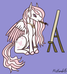 Size: 995x1088 | Tagged: safe, artist:misskanabelle, derpibooru import, oc, oc only, oc:darling devotion, pegasus, pony, colored hooves, female, jewelry, mare, mouth hold, necklace, offspring, paintbrush, painting, parent:fancypants, parent:fleur-de-lis, parents:fancyfleur, pegasus oc, purple background, signature, simple background, two toned wings, wings