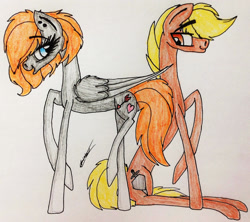 Size: 1914x1697 | Tagged: safe, artist:beamybutt, derpibooru import, oc, oc only, earth pony, pegasus, pony, duo, ear piercing, earth pony oc, eyelashes, female, mare, pegasus oc, piercing, raised hoof, raised leg, signature, smiling, traditional art, wings