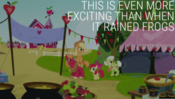 Size: 1280x720 | Tagged: safe, derpibooru import, edit, edited screencap, editor:quoterific, screencap, apple bloom, applejack, big macintosh, granny smith, earth pony, pony, apple family reunion, season 3, apple, apple bloom's bow, applejack's hat, bow, cider, clothes, cowboy hat, female, food, hair bow, hat, male, mare, open mouth, stallion, sweet apple acres, tree