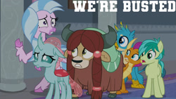 Size: 1280x720 | Tagged: safe, derpibooru import, edit, edited screencap, editor:quoterific, screencap, gallus, ocellus, sandbar, silverstream, smolder, yona, changeling, dragon, earth pony, griffon, hippogriff, pony, yak, school daze, season 8, caught, female, male, open mouth, stallion, student six