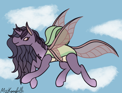 Size: 1390x1064 | Tagged: safe, artist:misskanabelle, derpibooru import, oc, oc only, oc:lumina, changedling, changeling, adopted offspring, changedling oc, changeling oc, cloud, female, flying, parent:pinkie pie, parent:princess skystar, parents:skypie, solo