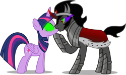 Size: 3557x2124 | Tagged: safe, artist:zacatron94, derpibooru import, king sombra, twilight sparkle, twilight sparkle (alicorn), alicorn, pony, unicorn, duo, female, glowing eyes, horn, horns are touching, kissing, male, mind control, simple background, transparent background, vector