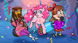 Size: 1024x560 | Tagged: safe, artist:vickyviolet, derpibooru import, pinkie pie, crossover, gravity falls, mabel pines, milla vodello, party cannon, psychonauts