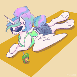 Size: 2048x2048 | Tagged: safe, artist:pfeffaroo, derpibooru import, princess celestia, alicorn, pony, alternate hairstyle, beach towel, clothes, female, juice, juice box, lying down, mare, prone, shorts, solo, sunglasses