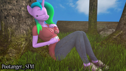 Size: 3840x2160 | Tagged: safe, artist:pootanger_sfm, derpibooru import, oc, oc:fiona mahri, anthro, plantigrade anthro, 3d, breasts, clothes, eyes closed, grass, hand on belly, hand on chest, high res, nap, outdoors, shoes, sleeping, sneakers, source filmmaker