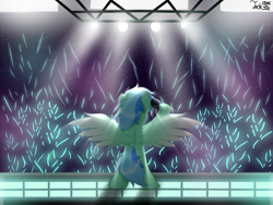 Size: 2000x1500 | Tagged: safe, artist:jadebreeze115, derpibooru import, oc, oc only, oc:jade breeze, pegasus, pony, bipedal, cheering, colored wings, colorful, concert, crowd, ethereal mane, glowstick, gradient wings, lights, male, microphone, pegasus oc, rear view, solo, stage, stagelights, stallion, standing, wings