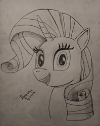 Size: 2925x3699 | Tagged: safe, artist:larlim, derpibooru import, rarity, pony, unicorn, bust, female, mare, monochrome, open mouth, open smile, pencil, portrait, smiling, solo