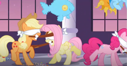 Size: 1307x678 | Tagged: safe, derpibooru import, screencap, applejack, fluttershy, pinkie pie, rainbow dash, earth pony, pegasus, pony, season 2, sweet and elite, blindfold, dancing, piñata