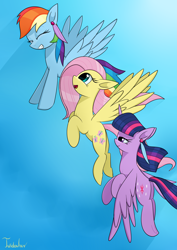 Size: 2480x3507 | Tagged: safe, artist:twidasher, derpibooru import, fluttershy, rainbow dash, twilight sparkle, twilight sparkle (alicorn), alicorn, pegasus, pony, feather, female, flying, lesbian, shipping, signature, sky, smiling, trio, twidash