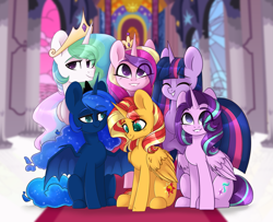 Size: 2295x1866 | Tagged: safe, artist:cloud-fly, derpibooru import, princess cadance, princess celestia, princess luna, starlight glimmer, sunset shimmer, twilight sparkle, twilight sparkle (alicorn), alicorn, pony, alicorn hexarchy, alicornified, alternate timeline, alternate universe, apprentice sunset shimmer, bat wings, commission, duchess luna, female, grin, looking at you, mare, princess starlight glimmer, race swap, shimmercorn, sitting, smiling, smiling at you, starlicorn, wings, xk-class end-of-the-world scenario